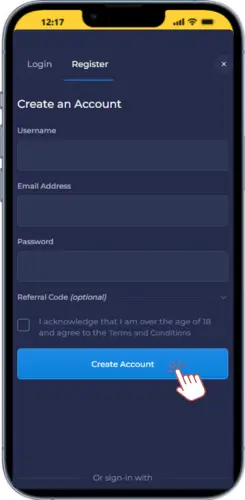 Click create account button on Rainbet mobile form
