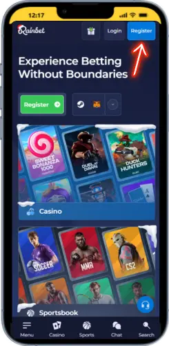 Rainbet Canada registration button on mobile homepage